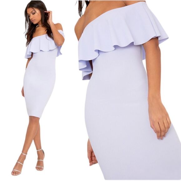 NWT- Pretty little thing Celinea Dusty Blue Bardot Frill Midi Dress - Picture 7 of 10